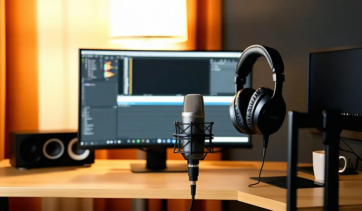 Recording studio desk with professional microphone, headphones, and monitor screen — warm amber glow