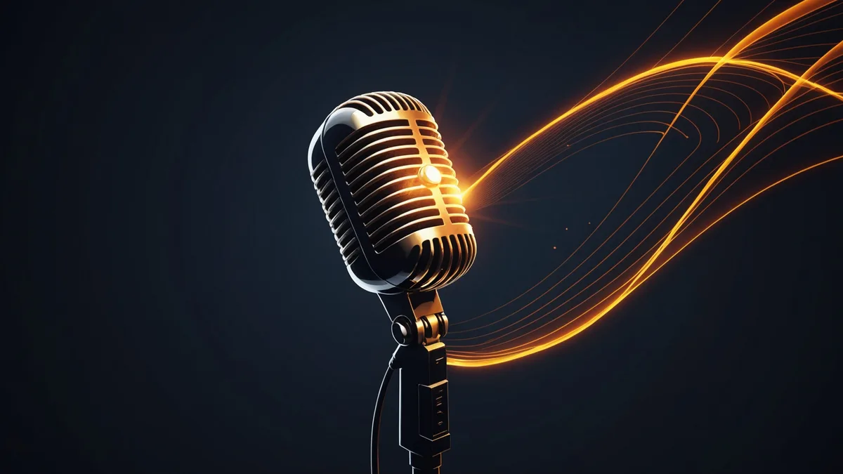 Abstract sound wave and microphone concept for AI voiceover topic