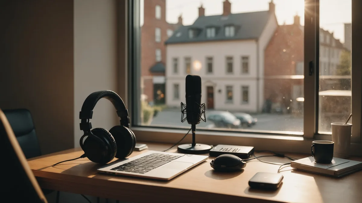 Podcaster recording at desk representing same-day workflow topic