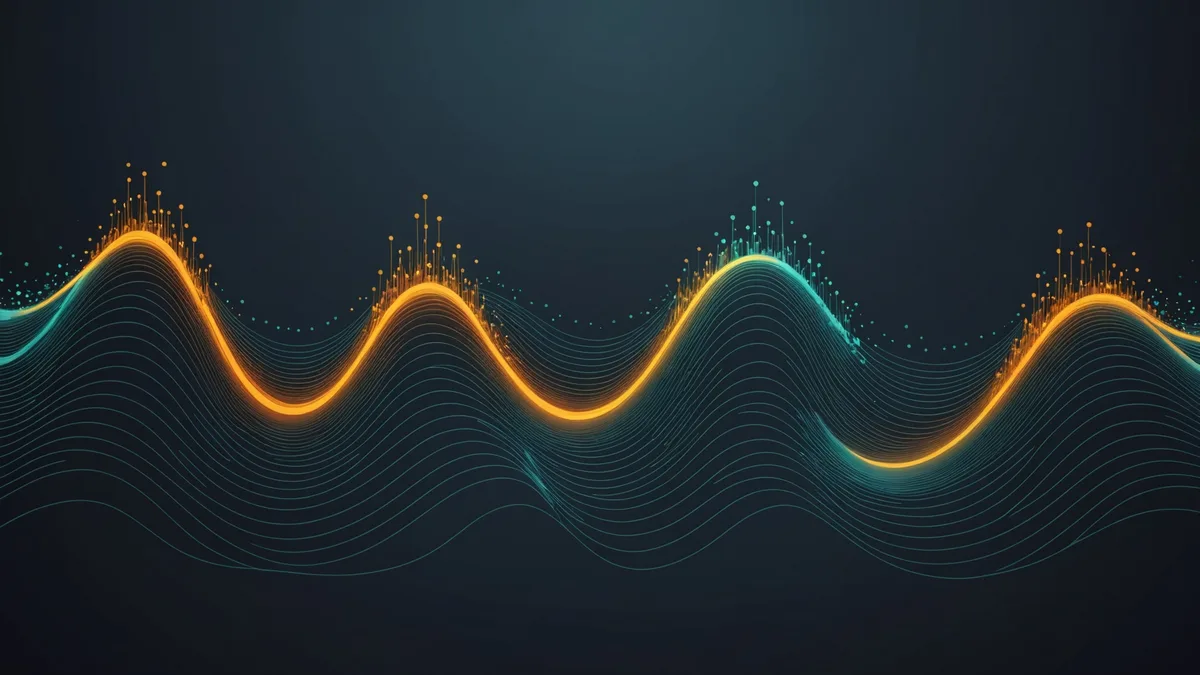 Abstract speech-to-text waveform with flowing lines representing transcription accuracy